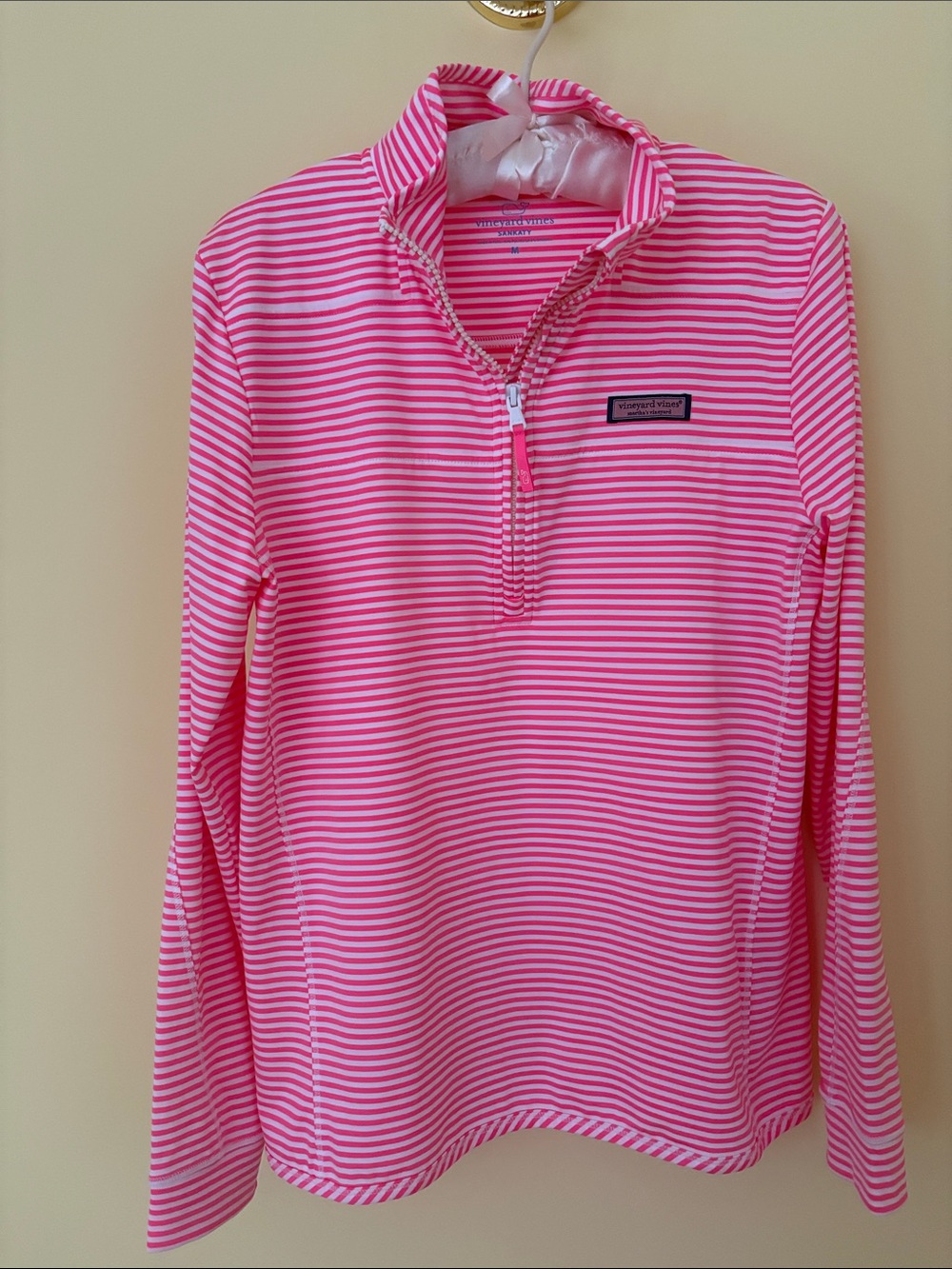Vineyard Vines Pink and White Striped Quarter-Zip Long Sleeve Top